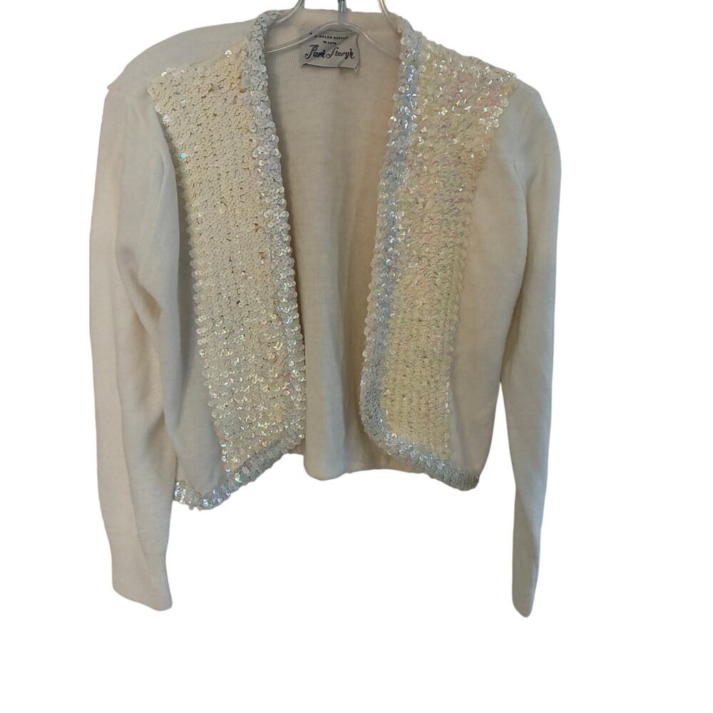 Vintage Park-Storyk S Sequin White Open Cardigan Shrug Short 50s Retro Cosplay